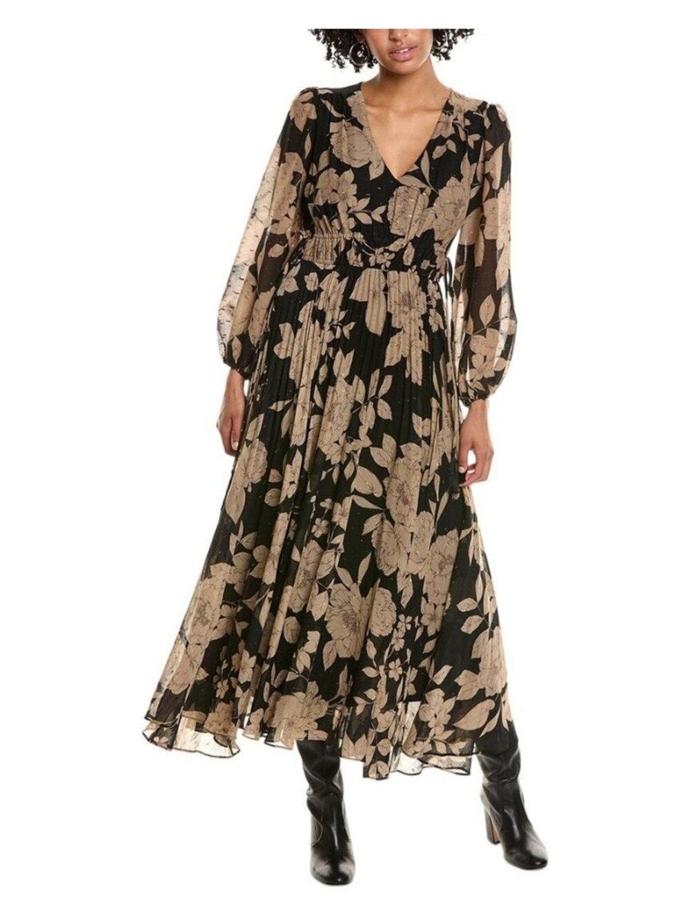 Taylor Womens Floral Chiffon V-Neck Polka Dot Dress Black Taupe Size 8 NWT